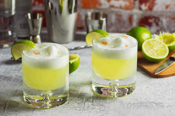Two Pisco Sour Cocktails with Ingredients on the Bar - Фото, зображення