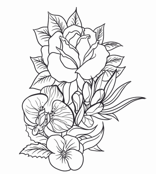 Bouquet of blooming roses and orchids, decorated with grass. Drawing ink in a linear style. Vector illustration isolated on white background. A beautiful decoration in black and white colors. - Вектор,изображение