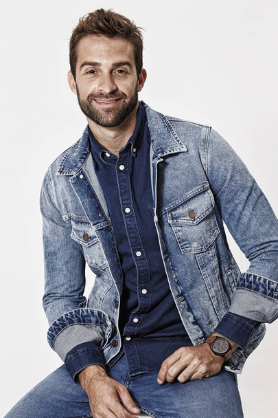 Man wearing denim jacket and shirt - Fotoğraf, Görsel