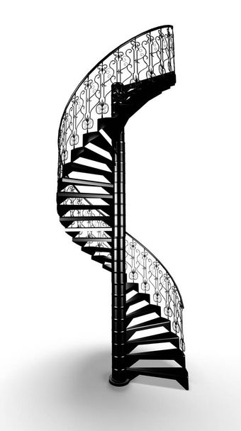 schwarz geschmiedete Wendeltreppe 3d gerendert auf weißem Hintergrund  - Foto, Bild