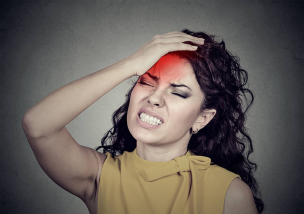 woman with headache, stress, insomnia, hangover with red alert accent - Fotoğraf, Görsel