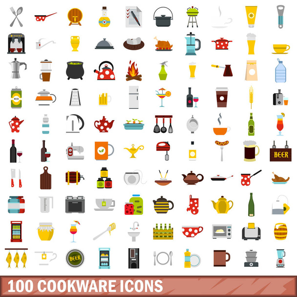 100 Kookwaren iconen instellen, vlakke stijl - Vector, afbeelding