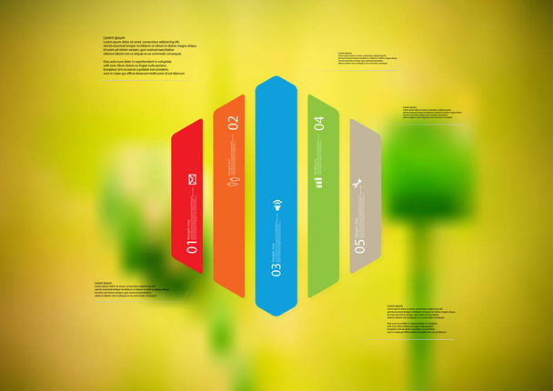 Ilustrace infografika šablony s šestihranem vertikálně dělené do pěti barevných částí - Vektor, obrázek