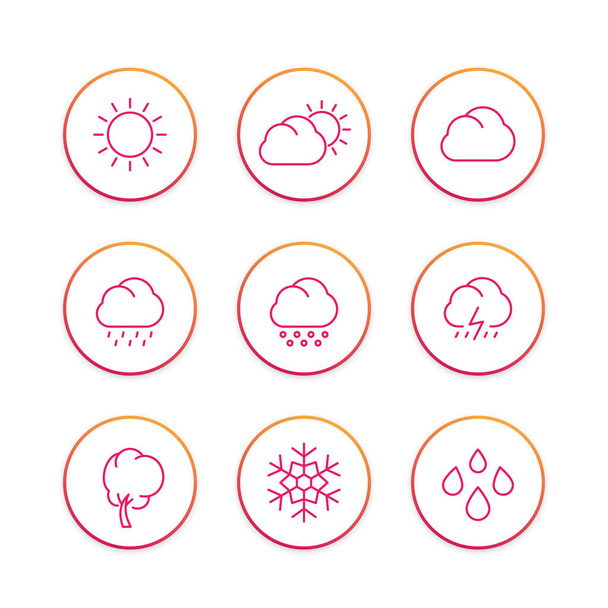Ícones da linha do tempo definido, elementos de previsão, ensolarado, dia nublado, chuva, floco de neve, granizo, neve
 - Vetor, Imagem