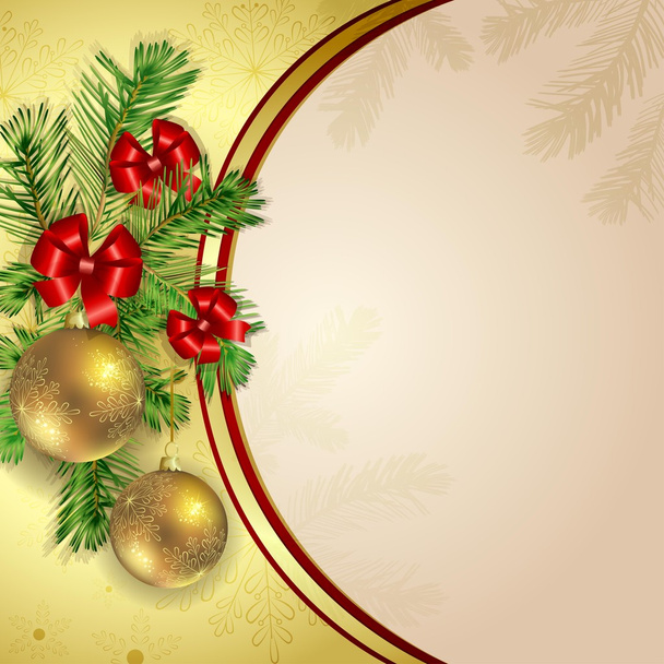 Weihnachtskugeln hängen mit Tannenzweig und Bögen - Vektor, Bild