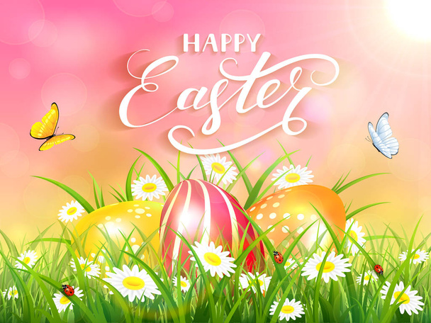 Pink background with three Easter eggs in grass - Вектор, зображення