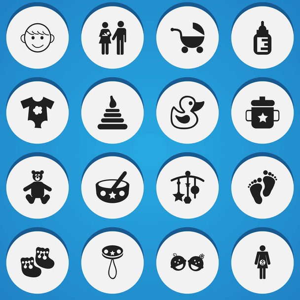 Ensemble de 16 icônes bébé modifiables. Comprend des symboles tels que Footmark, Goplet, petites robes et plus. Peut être utilisé pour le Web, mobile, interface utilisateur et infographie
. - Vecteur, image