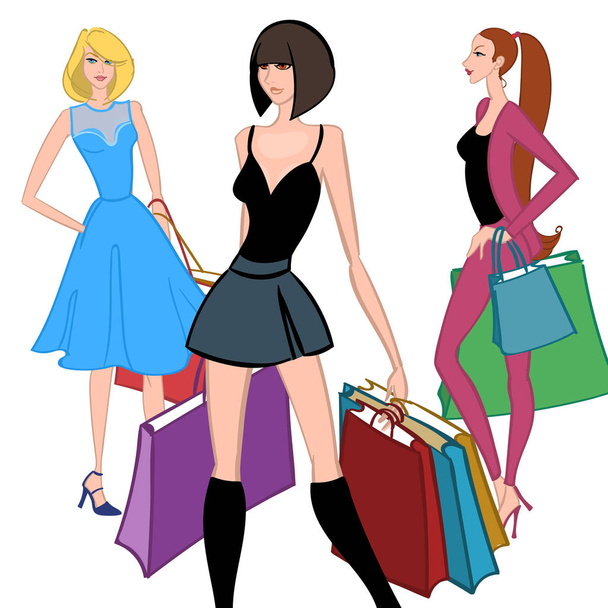 Fasionable girl with shopping bags. Vector illustration. - ベクター画像