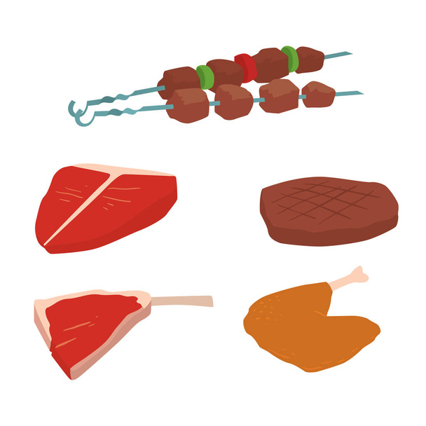 Σύνολο προϊόντων κρέατος cartoon ποικιλία κεμπάπ νόστιμο μπάρμπεκιου νοστιμότατα γκουρμέ γεύματα και ποικιλία ζώων φέτα αρνί μαγειρεμένο εικονογράφηση διάνυσμα - Διάνυσμα, εικόνα