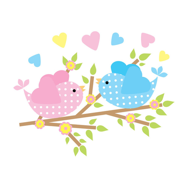 Spring card with cute birds on flower branch - Vector, imagen