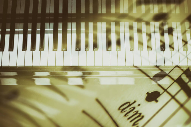 Fondo de teclado de piano con enfoque selectivo. Doble exposición de teclado y notas musicales
 - Foto, imagen