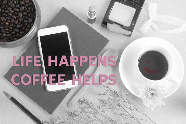 Inspirational quote "Life happens coffee helps" background - Photo, image