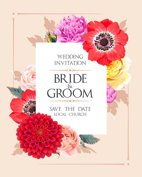 Bruiloft uitnodiging met bloemen - Vector, afbeelding