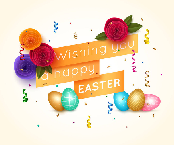 Happy Easter congratulation background with cut out flowers ribbon confetti egg. Vector illustration for Christian Catholic holiday. - ベクター画像