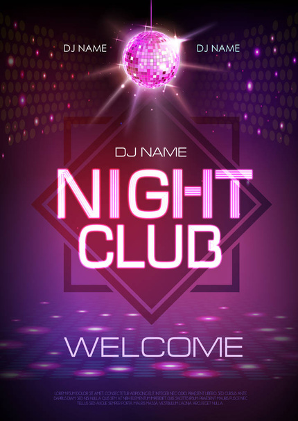Disco ball background. Neon sign night club poster. - Vetor, Imagem