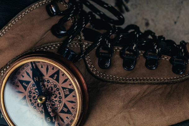 compass with hiking-boots - Fotoğraf, Görsel