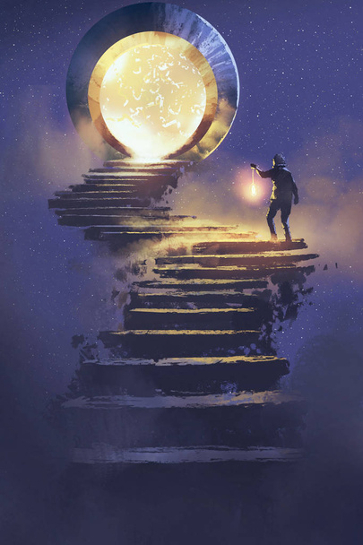 człowiek z latarnią chodzenie na kamienne schody, prowadzące do bramy fantasy - Zdjęcie, obraz