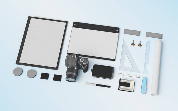 Products branding mockup template. Office supplies, Gadgets. 3D illustration - Foto, imagen