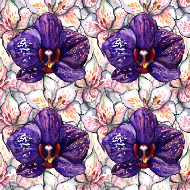 Watercolor floral orchid alstroemeria seamless pattern texture background vector - Vector, Image