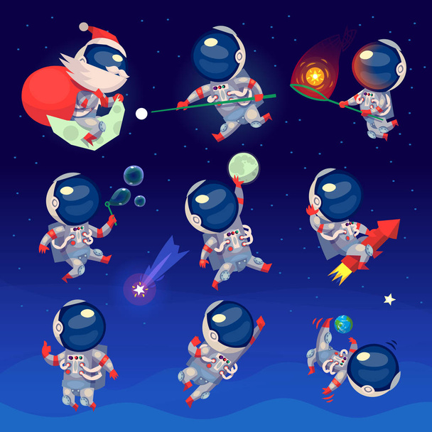 Set of cute astronauts in space - Vector, Image
