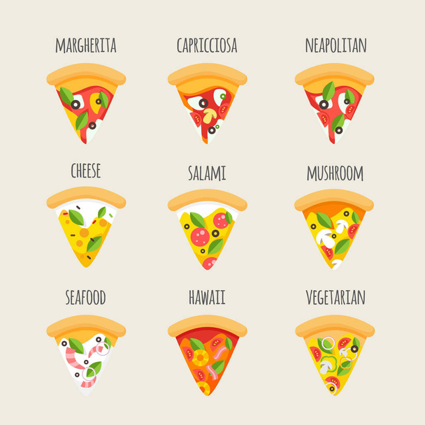 Conjunto de varios tipos de pizza en estilo plano
 - Vector, imagen