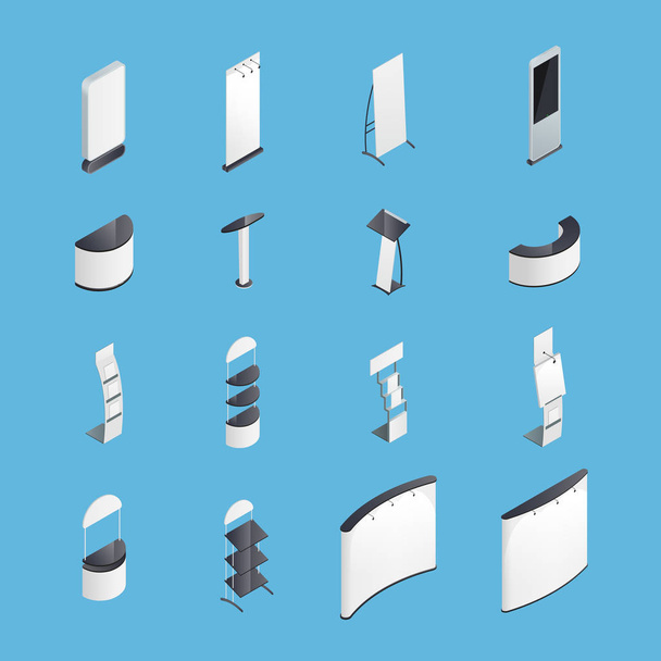 Tentoonstelling Stands Isometrisch Icons Set - Vector, afbeelding
