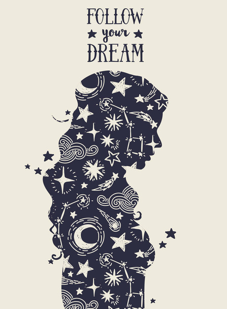 "follow your dream" poster, starry woman's silhouette - Vektor, obrázek