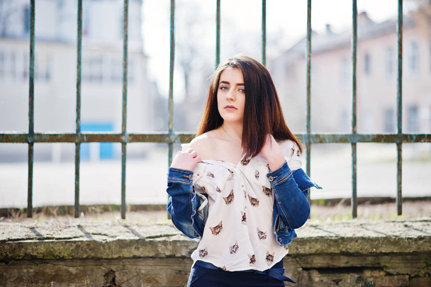 Young stylish brunette girl on shirt, pants, jeans jacket  posed - Foto, afbeelding