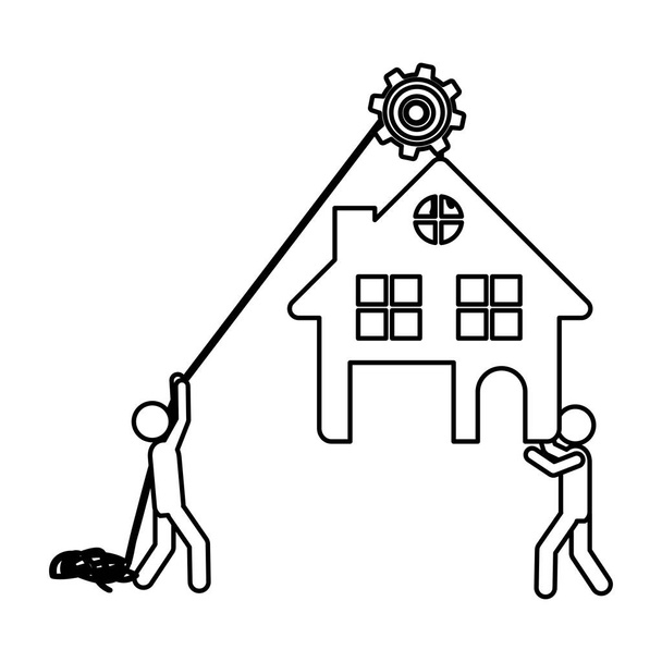 Silhouet werknemers met katrol houden van kleine huis met twee verdiepingen - Vector, afbeelding