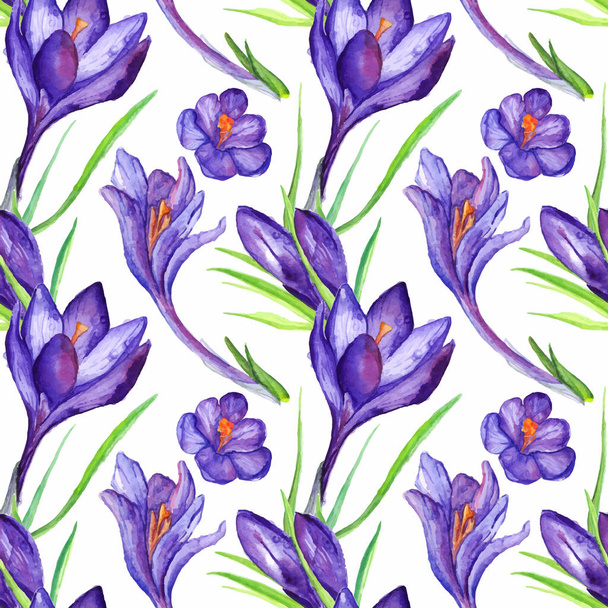 Watercolor violet purple crocus flower seamless pattern background vector - Vektor, kép