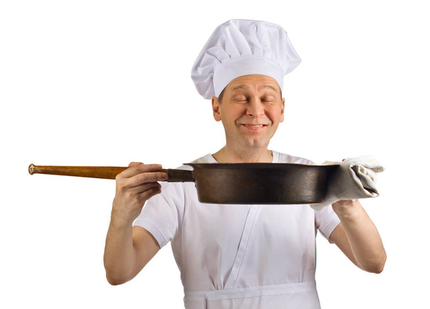  cocinar con sartén aislada sobre fondo blanco
 - Foto, imagen