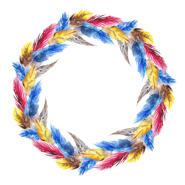 Watercolor colorful bird feather circle wreath composition isolated - Fotoğraf, Görsel