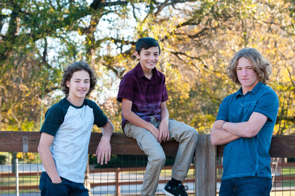 Tres chicos guapos posando al aire libre
 - Foto, Imagen