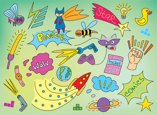 Modèle drôle d'enfants comiques avec des héros, des signes, des couleurs vives, de l'espace, des planètes et des animaux
 - Vecteur, image