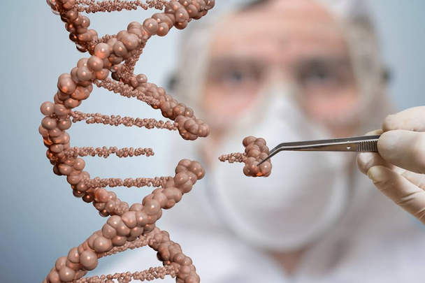 Вчений замінює частину молекули ДНК. Концепція генетичної інженерії та маніпулювання генами
. - Фото, зображення