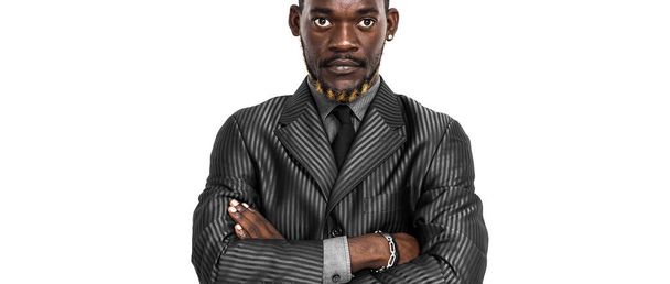 African businessman portrait wearing grey suit with crossed arms letterbox - Foto, imagen