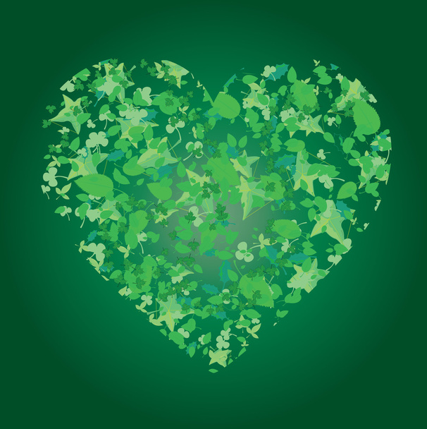 Herz aus Blättern auf grünem Hintergrund - Vektor, Bild