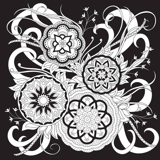 черный отпечаток с белыми мандалами, листьями и цветами
 - Вектор,изображение