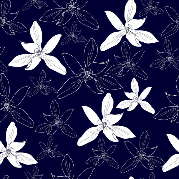 Seamless pattern with white flowers on a blue background. Hand drawn floral texture. - Vektor, obrázek