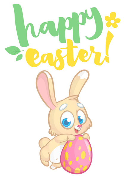 Happy Easter lettering card with cartoon bunny rabbit. Hand drawn lettering poster for Easter. Modern calligraphy vector - Vector, Image