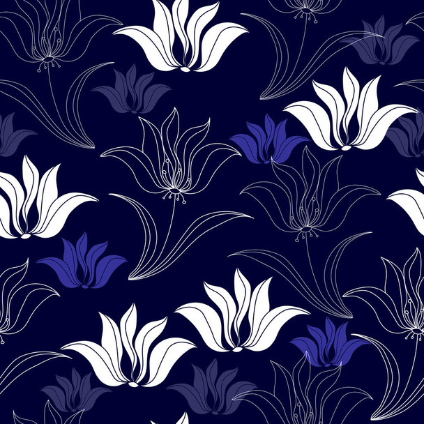 Seamless pattern with white flowers on a blue background. Hand drawn floral texture. - Vektori, kuva