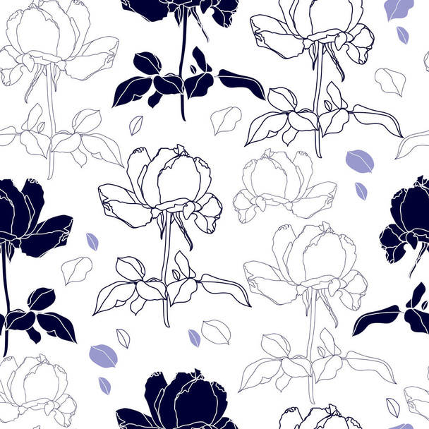 Seamless pattern with blue flowers on a white background. Hand drawn floral texture. - Vettoriali, immagini