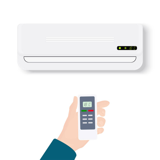 Split system air conditioner.Realistic conditioner with hand holding remote control. Vector illustration isolated on white background. - ベクター画像