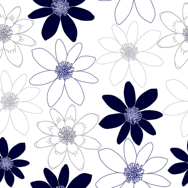 Seamless pattern with blue flowers on a white background. Hand drawn floral texture. - Вектор,изображение