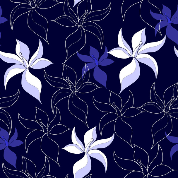 Seamless pattern with white flowers on a blue background. Hand drawn floral texture. - Vektor, Bild