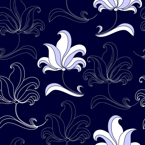 Seamless pattern with white flowers on a blue background. Hand drawn floral texture. - Вектор, зображення