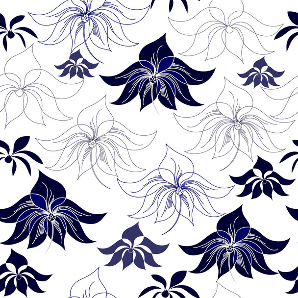 Seamless pattern with blue flowers on a white background. Hand drawn floral texture. - Vector, Image