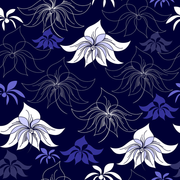 Seamless pattern with white flowers on a blue background. Hand drawn floral texture. - Wektor, obraz