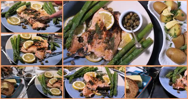 Collage of views of a delicious roasted organic salmon with capers and dill - Footage, Video