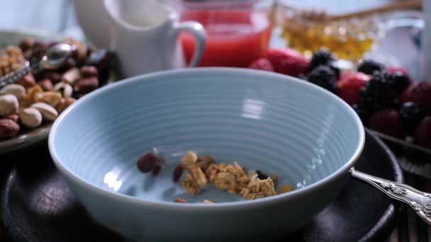 cereais café da manhã caindo em uma tigela com bagas e frutas secas no fundo. Movimento lento
 - Filmagem, Vídeo
